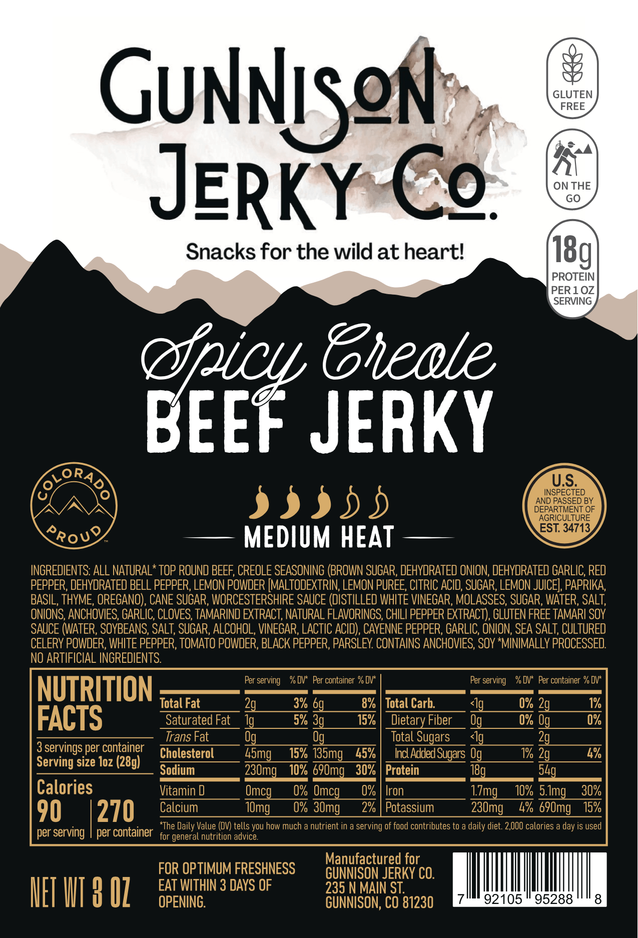 Gunnison Jerky Co. Spicy Creole Beef Jerky packaging with nutritional information and branding details.