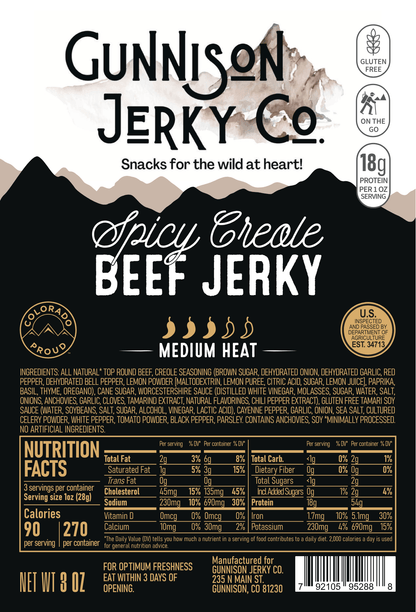 Gunnison Jerky Co. Spicy Creole Beef Jerky packaging with nutritional information and branding details.
