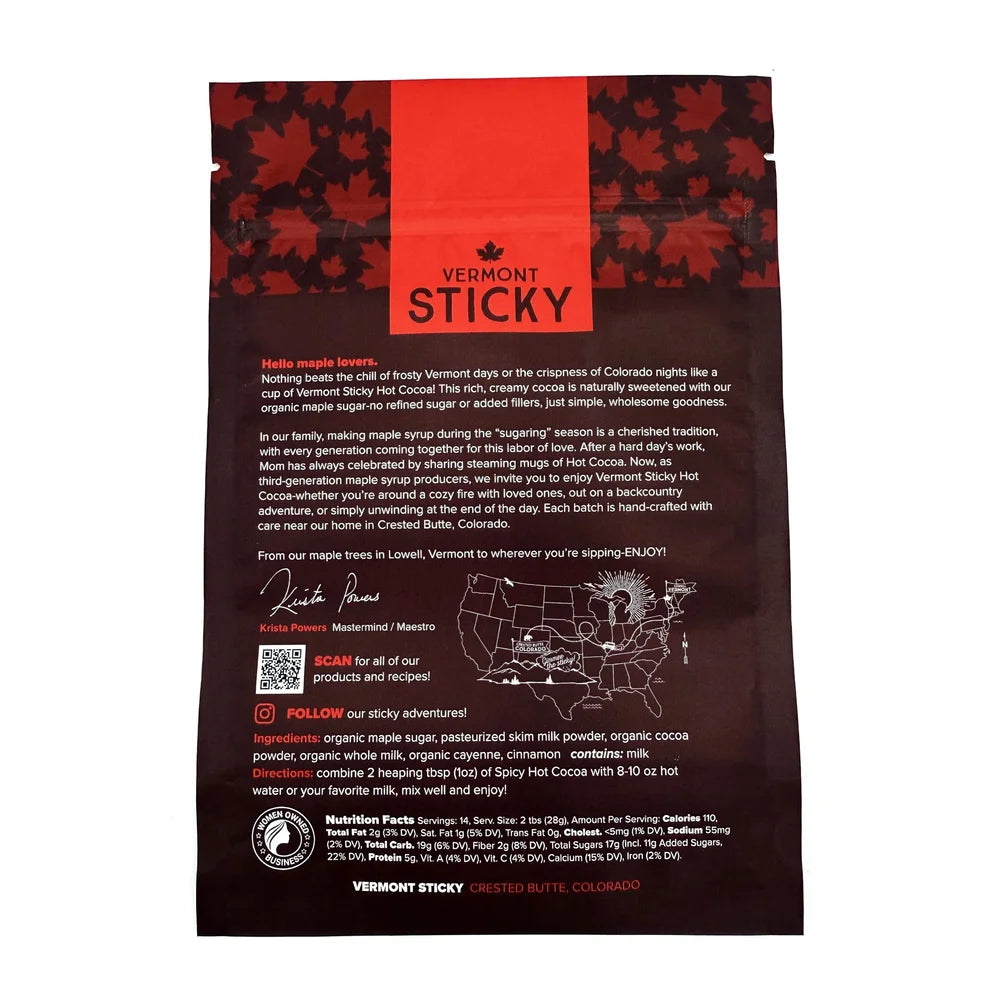 Vermont Sticky hot chocolate mix packaging with red and black design