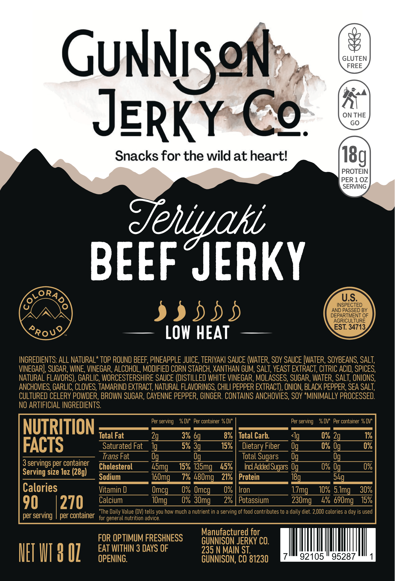 Gunnison Jerky Co. Teriyaki Beef Jerky packaging with nutritional information and branding details.