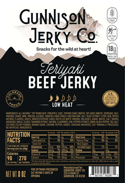 Gunnison Jerky Co. Teriyaki Beef Jerky packaging with nutritional information and branding details.